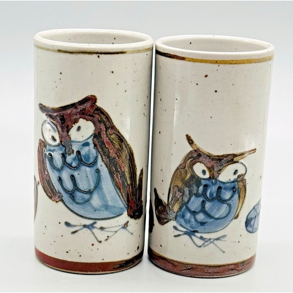 Vintage Owl Tumbler Vase Mug Stoneware‎ Japan Asahi 5.5 inch Lot of 2